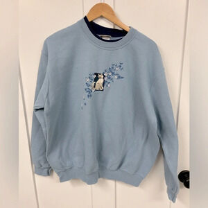 Vintage 90s Top Stitch xL grandma sweater pullover cat embroidery blue floral